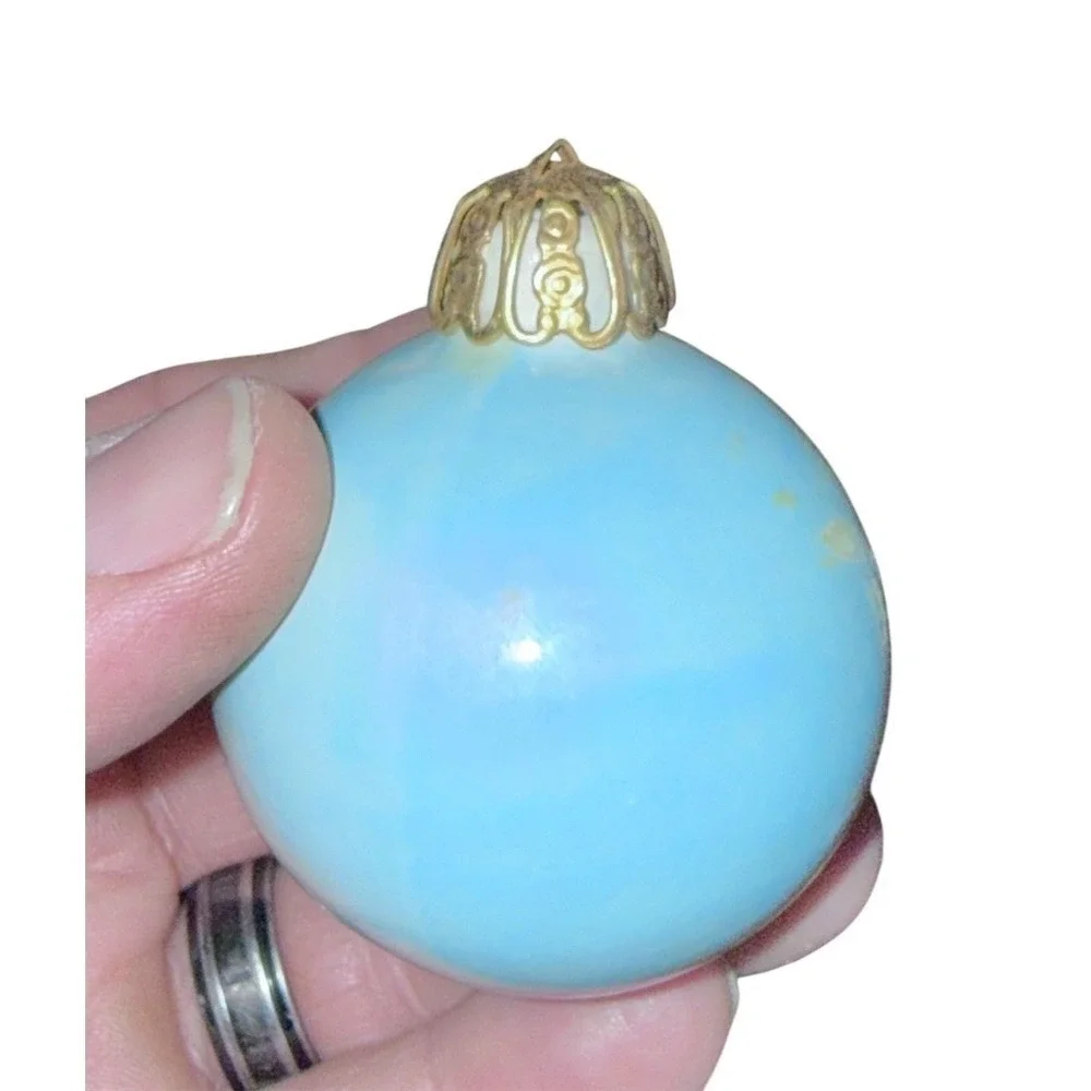 Vintage Christmas Ornament Light Blue Floral Glass Ball Gold Tone Cap glass
